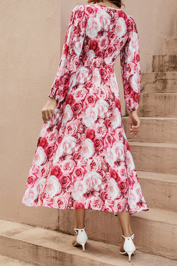 Robe d’été à manches longues à col en V floral rouge